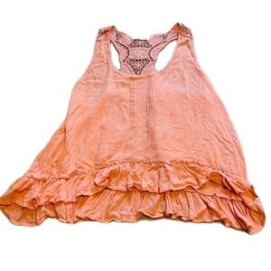 Miss Daisy Coral Orange Racerback Lace Back Tank Top With Ruffled Hem M EUC